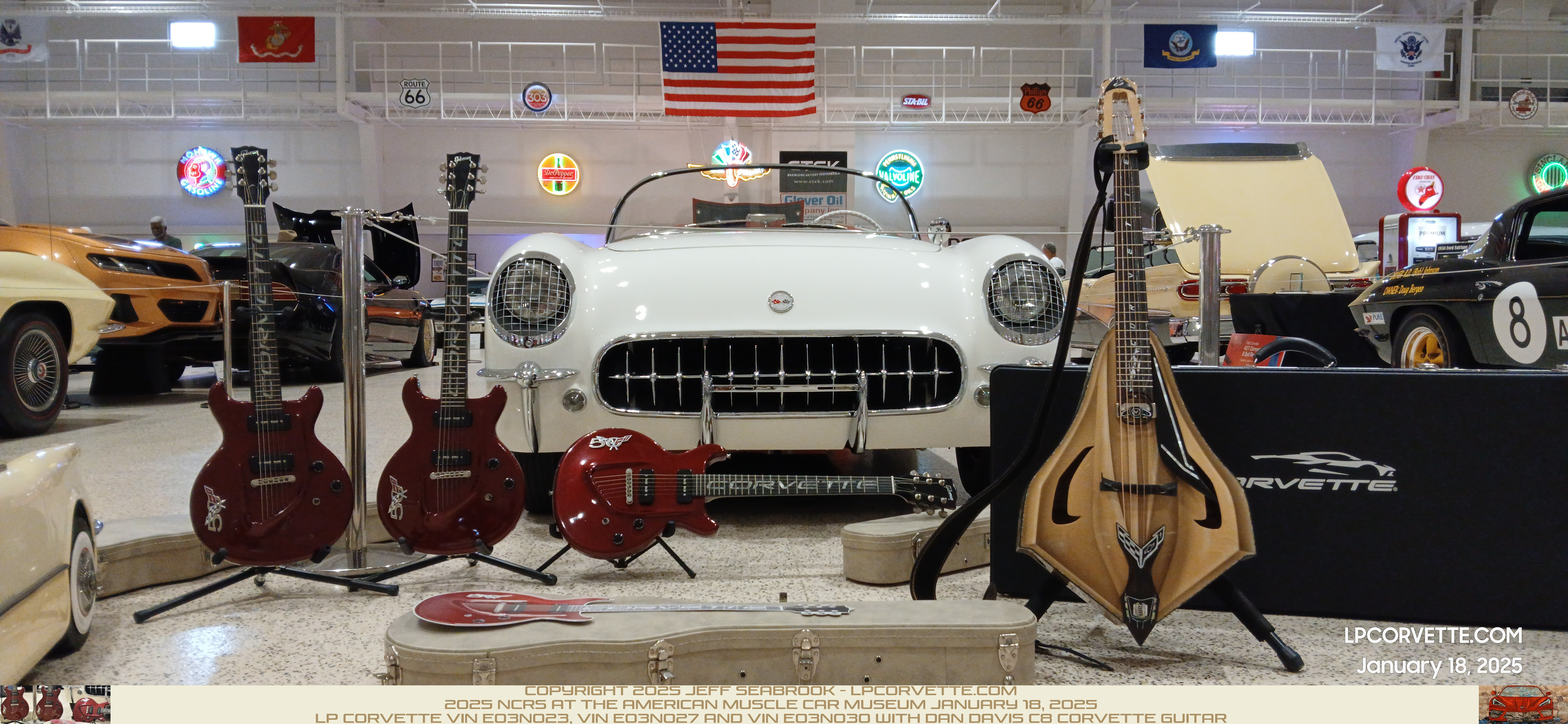 LP Corvette VIN E03N023, VIN E03N027, VIN E03N030 (3 of 50 ever made) with Dan Davis C8 Corvette Guitar Serial 001 (one of one) and a 1953 Corvette Pedal Car E53PCF0136 (#136 of 300)